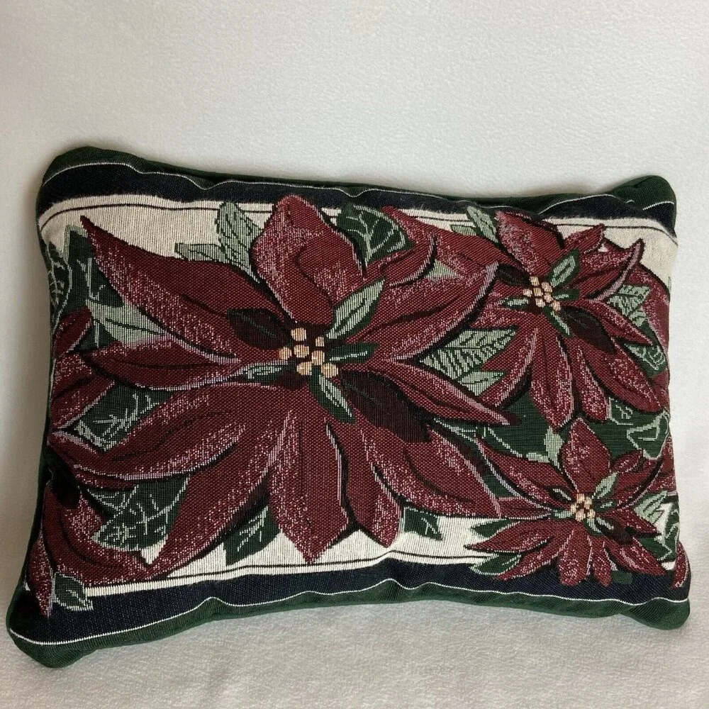 Tapestry Throw Pillow Christmas Holiday Poinsettias Rectangle Red Green White